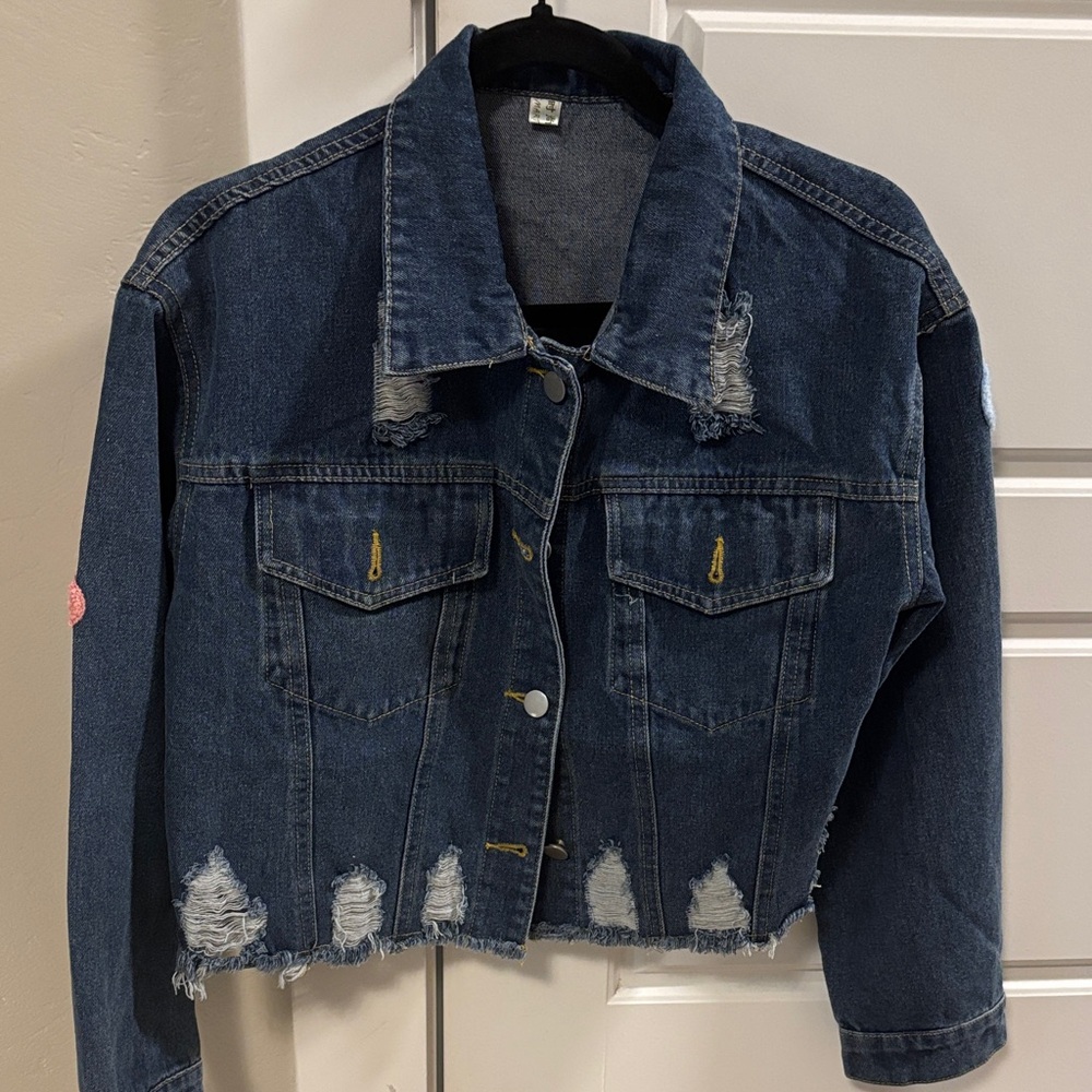 Handmade Embroidered Denim Jacket - Blue with Pastel Puff Text - Picture 3 of 7